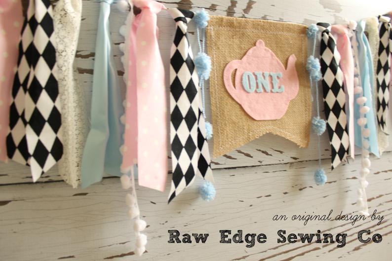 Alice In Wonderland Highchair Banner 1st Birthday Party Decoration - Raw Edge Sewing Co