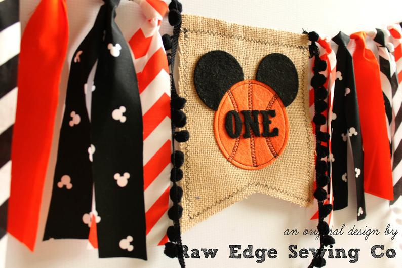Basketball Mickey Highchair Banner 1st Birthday Party Decoration - Raw Edge Sewing Co