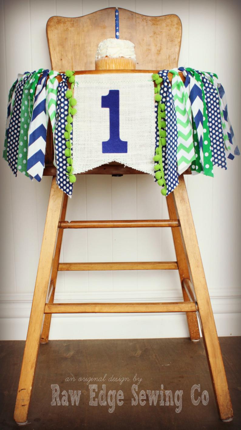 Blue And Green Boy Highchair Banner 1st Birthday Party Decoration