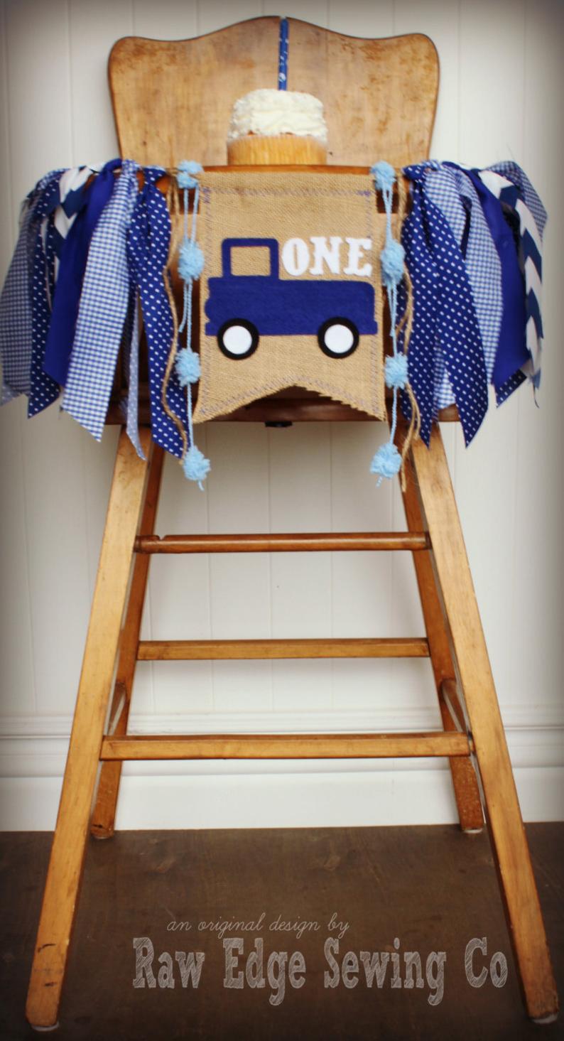 Blue Truck Highchair Banner 1st Birthday Party Decoration - Raw Edge Sewing Co