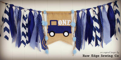 Blue Truck Highchair Banner 1st Birthday Party Decoration - Raw Edge Sewing Co