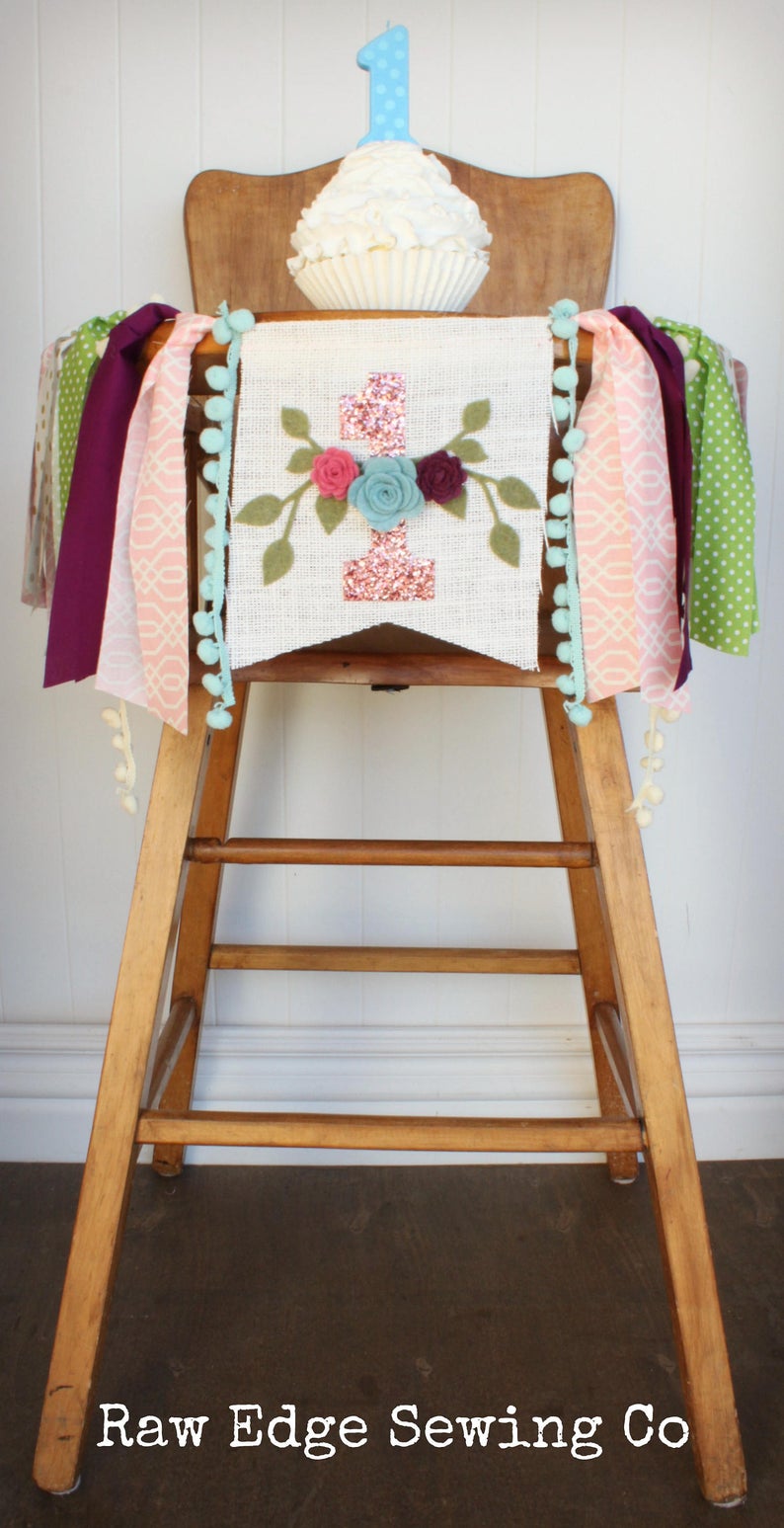 Floral Highchair Banner 1st Birthday Party Decoration - Raw Edge Sewing Co