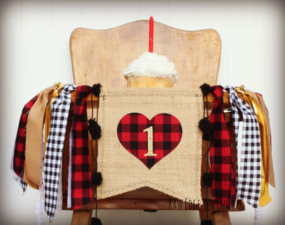 Valentine Buffalo Plaid Heart Highchair Banner 1st Birthday Party Decoration - Raw Edge Sewing Co