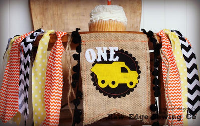 Contruction Truck Highchair Banner 1st Birthday Party Decoration - Raw Edge Sewing Co