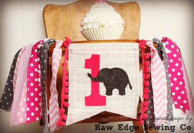 Elephant Highchair Banner 1st Birthday Party Decoration - Raw Edge Sewing Co