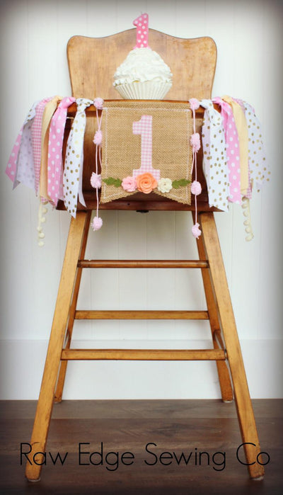 Gingham Floral Highchair Banner 1st Birthday Party Decoration - Raw Edge Sewing Co
