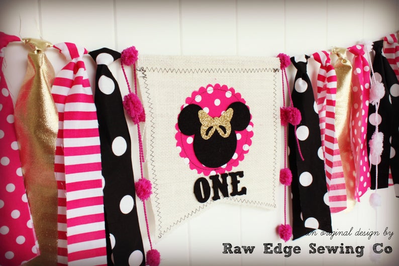 Minnie Mouse Highchair Banner 1st Birthday Party Decoration - Raw Edge Sewing Co