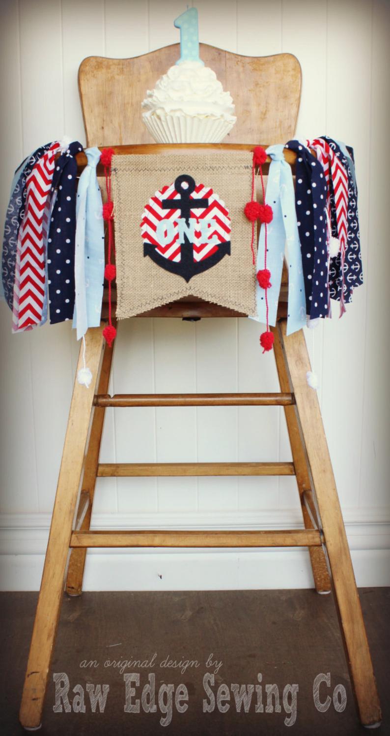 Nautical Anchor Highchair Banner 1st Birthday Party Decoration - Raw Edge Sewing Co