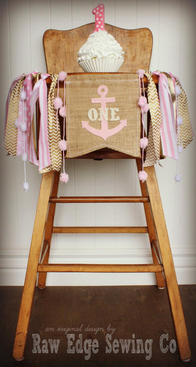 Pink Gold Anchor Highchair Banner 1st Birthday Party Decoration - Raw Edge Sewing Co