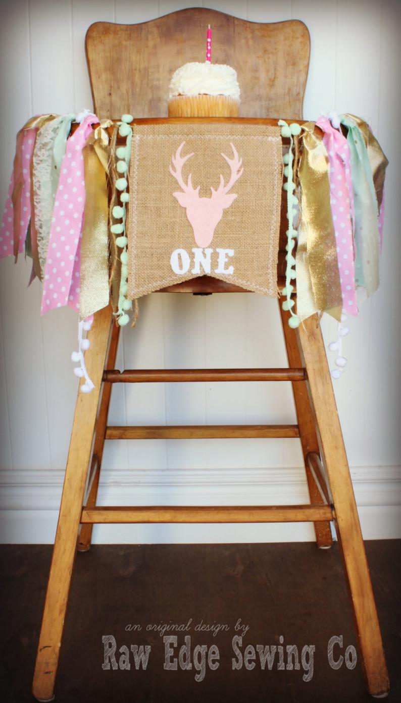Deer Highchair Banner 1st Birthday Party Decoration - Raw Edge Sewing Co