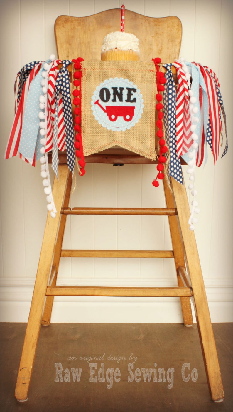 Red Wagon Highchair Banner 1st Birthday Party Decoration - Raw Edge Sewing Co