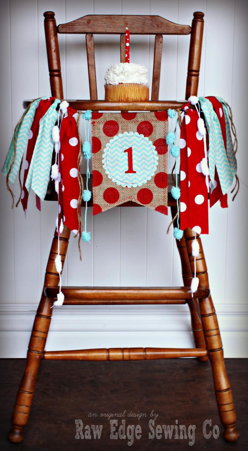 Red And Aqua Highchair Banner 1st Birthday Party Decoration - Raw Edge Sewing Co