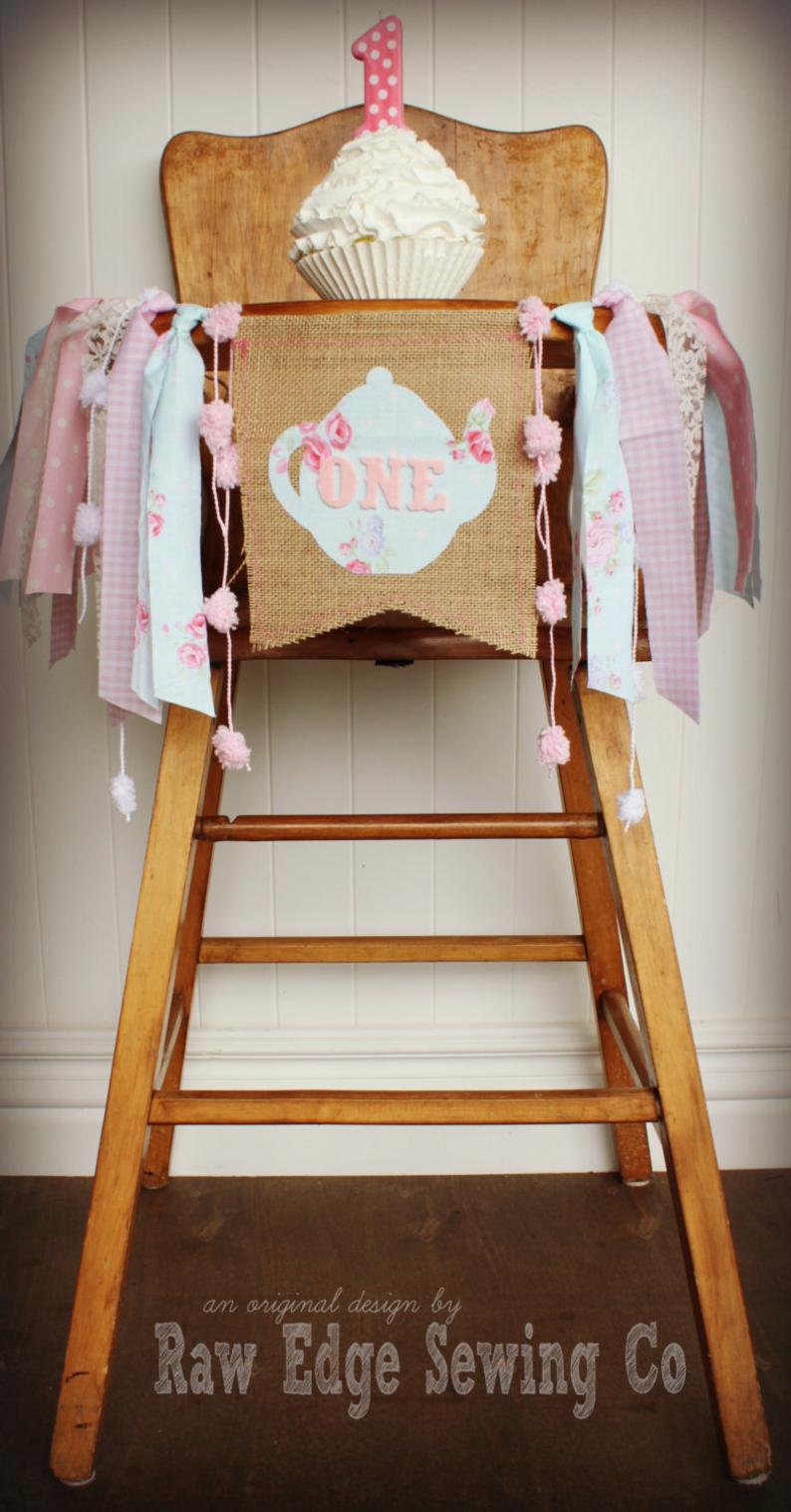 Tea Party Highchair Banner 1st Birthday Party Decoration - Raw Edge Sewing Co