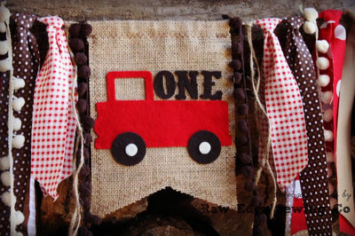 Red Truck Highchair Banner 1st Birthday Party Decoration - Raw Edge Sewing Co