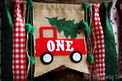 Christmas Tree Truck Highchair Banner 1st Birthday Party Decoration - Raw Edge Sewing Co