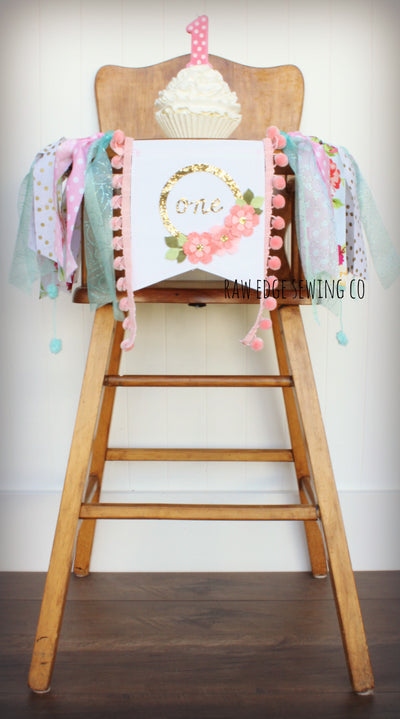 Floral Highchair Banner 1st Birthday Party Decoration - Raw Edge Sewing Co